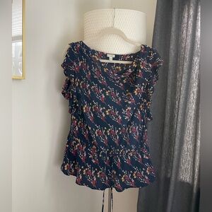 Anthropologie - Odille navy floral silk top with flutter sleeves (size M)